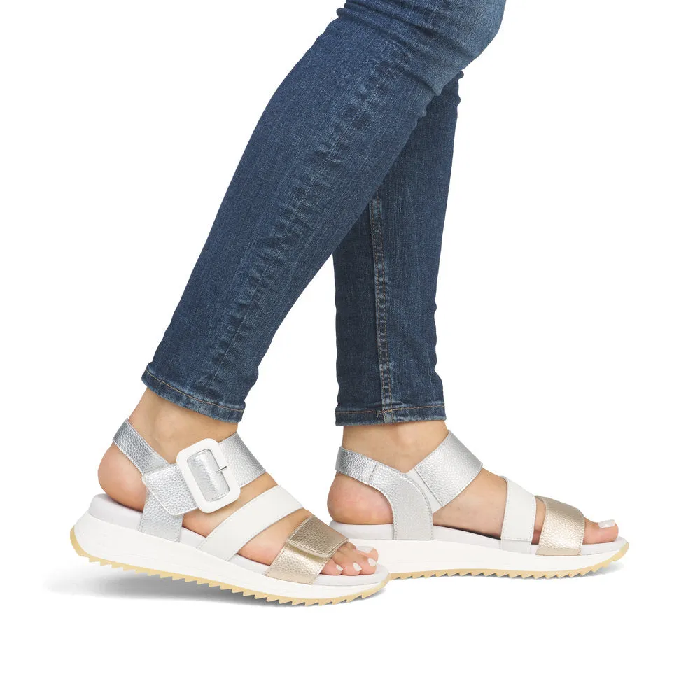RIEKER - W2950-90 LOW PLATFORM VELCRO STRAP SANDAL - GOLD/WHITE/SILVER