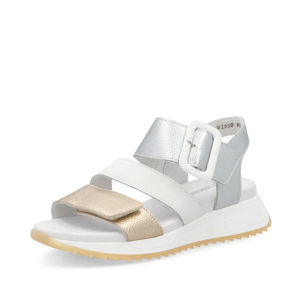 RIEKER - W2950-90 LOW PLATFORM VELCRO STRAP SANDAL - GOLD/WHITE/SILVER
