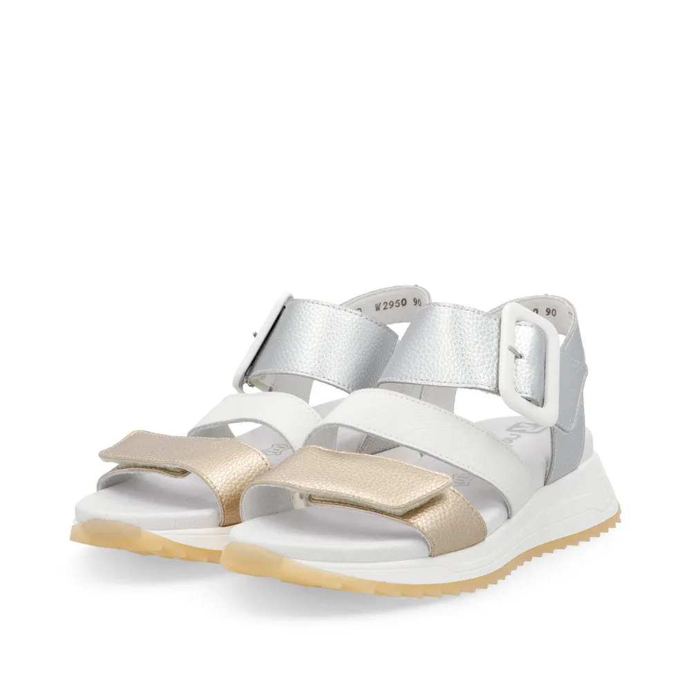 RIEKER - W2950-90 LOW PLATFORM VELCRO STRAP SANDAL - GOLD/WHITE/SILVER