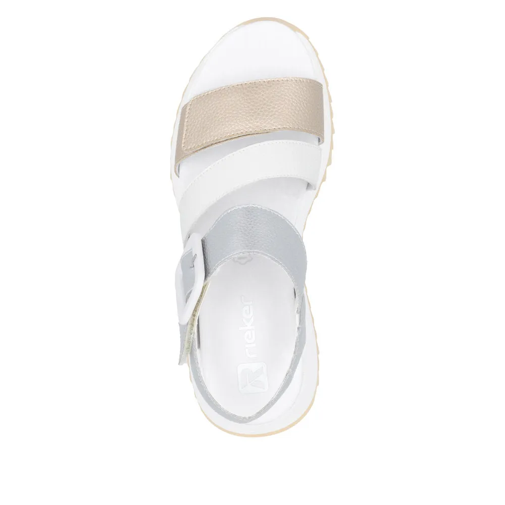 RIEKER - W2950-90 LOW PLATFORM VELCRO STRAP SANDAL - GOLD/WHITE/SILVER