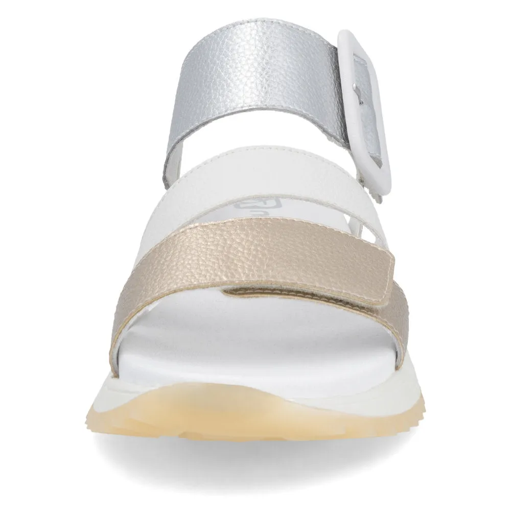 RIEKER - W2950-90 LOW PLATFORM VELCRO STRAP SANDAL - GOLD/WHITE/SILVER