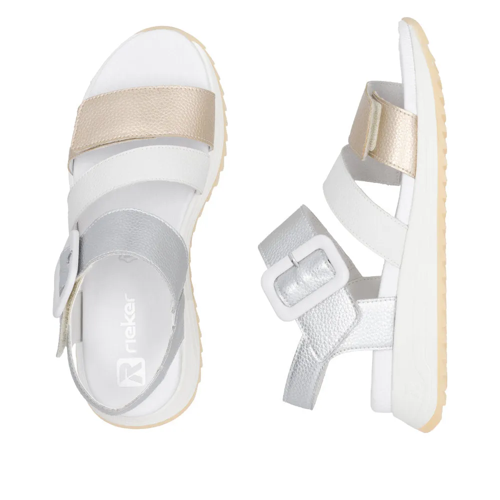 RIEKER - W2950-90 LOW PLATFORM VELCRO STRAP SANDAL - GOLD/WHITE/SILVER