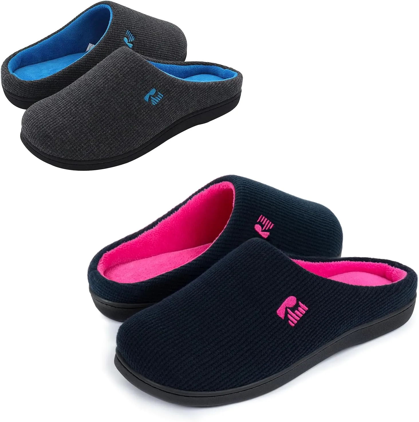RockDove Set of 2 Pairs - Men's Original Two-Tone Memory Foam Slipper (Size 10.5 Men, Dark Grey) Women's Original Two-Tone Memory Foam Slipper (Size 7-8 Women, Dark Navy/Fuchsia)