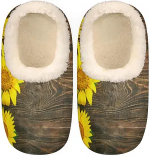 Rustic Sunflower Wood Texture Slippers for Women， Soft Cozy Warm Fuzzy Memory Foam House Slippers， Non Slip Closed Back Winter Comfy Plush Ladies House Shoes for Indoor Bedroom Small 5-6