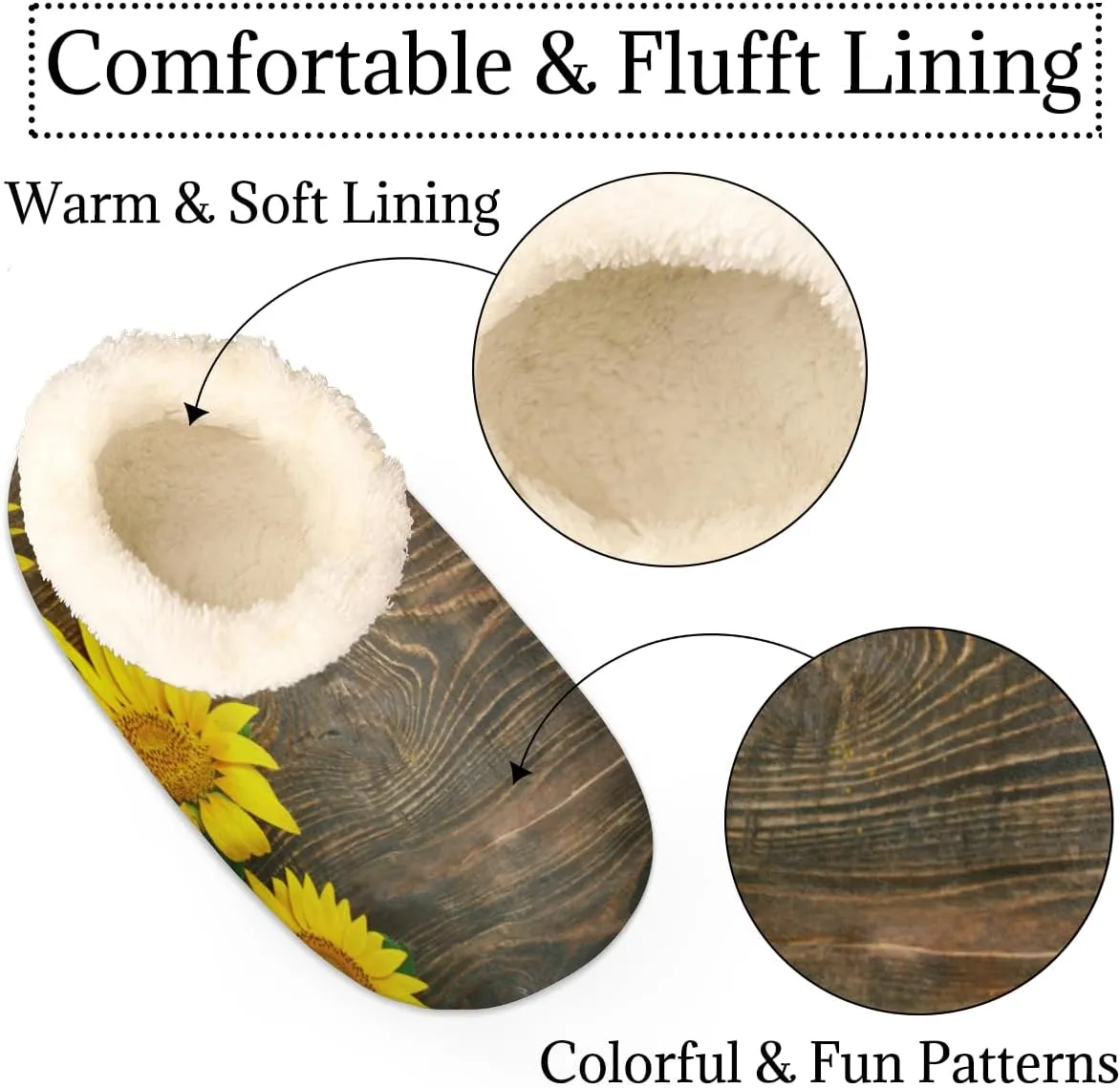 Rustic Sunflower Wood Texture Slippers for Women， Soft Cozy Warm Fuzzy Memory Foam House Slippers， Non Slip Closed Back Winter Comfy Plush Ladies House Shoes for Indoor Bedroom Small 5-6