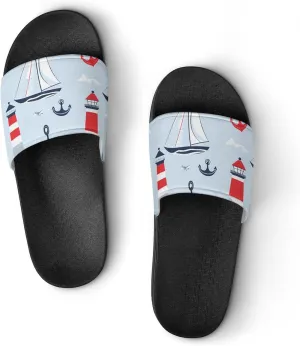 Sailboat Sailing Anchors Lighthouse Slippers Indoor Outdoor Unisex House Slipper Shower Slippers Non-Slip Open Toe Shoes