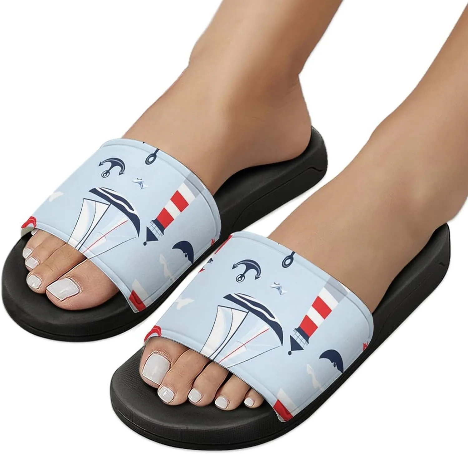 Sailboat Sailing Anchors Lighthouse Slippers Indoor Outdoor Unisex House Slipper Shower Slippers Non-Slip Open Toe Shoes