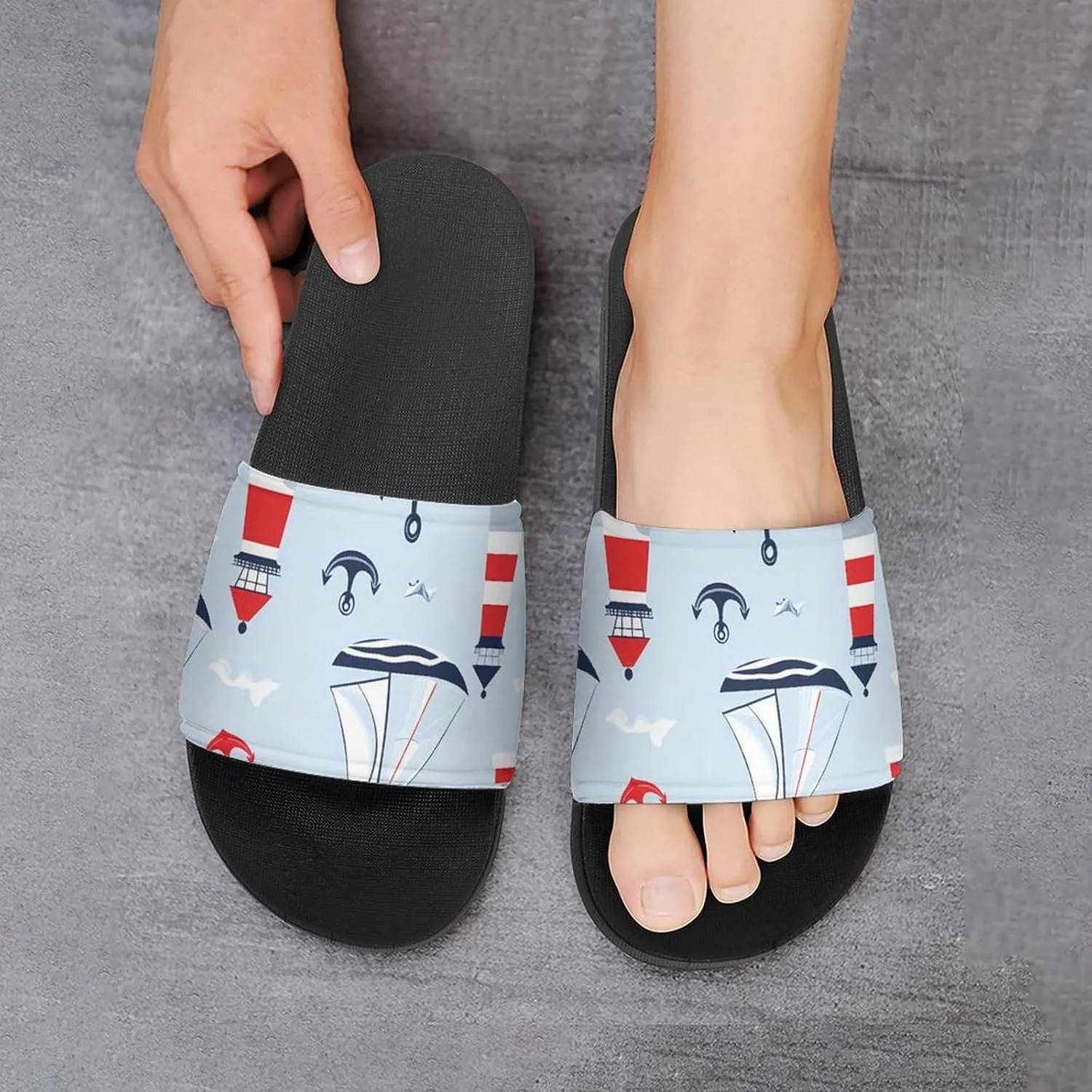 Sailboat Sailing Anchors Lighthouse Slippers Indoor Outdoor Unisex House Slipper Shower Slippers Non-Slip Open Toe Shoes