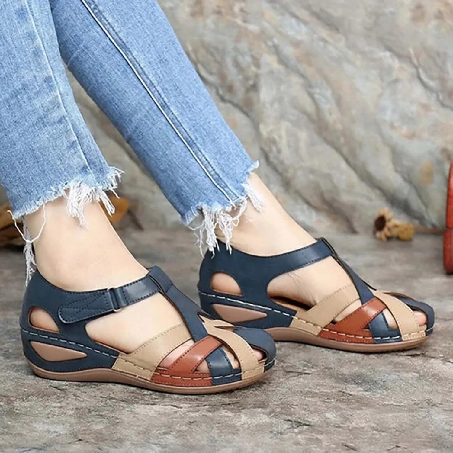 Sandals for Women Dressy Casual Summer Closed Toe Wedge Comfortable Orthopedic Sandal with Ankle Strap Hollow Out Trendy Shoes