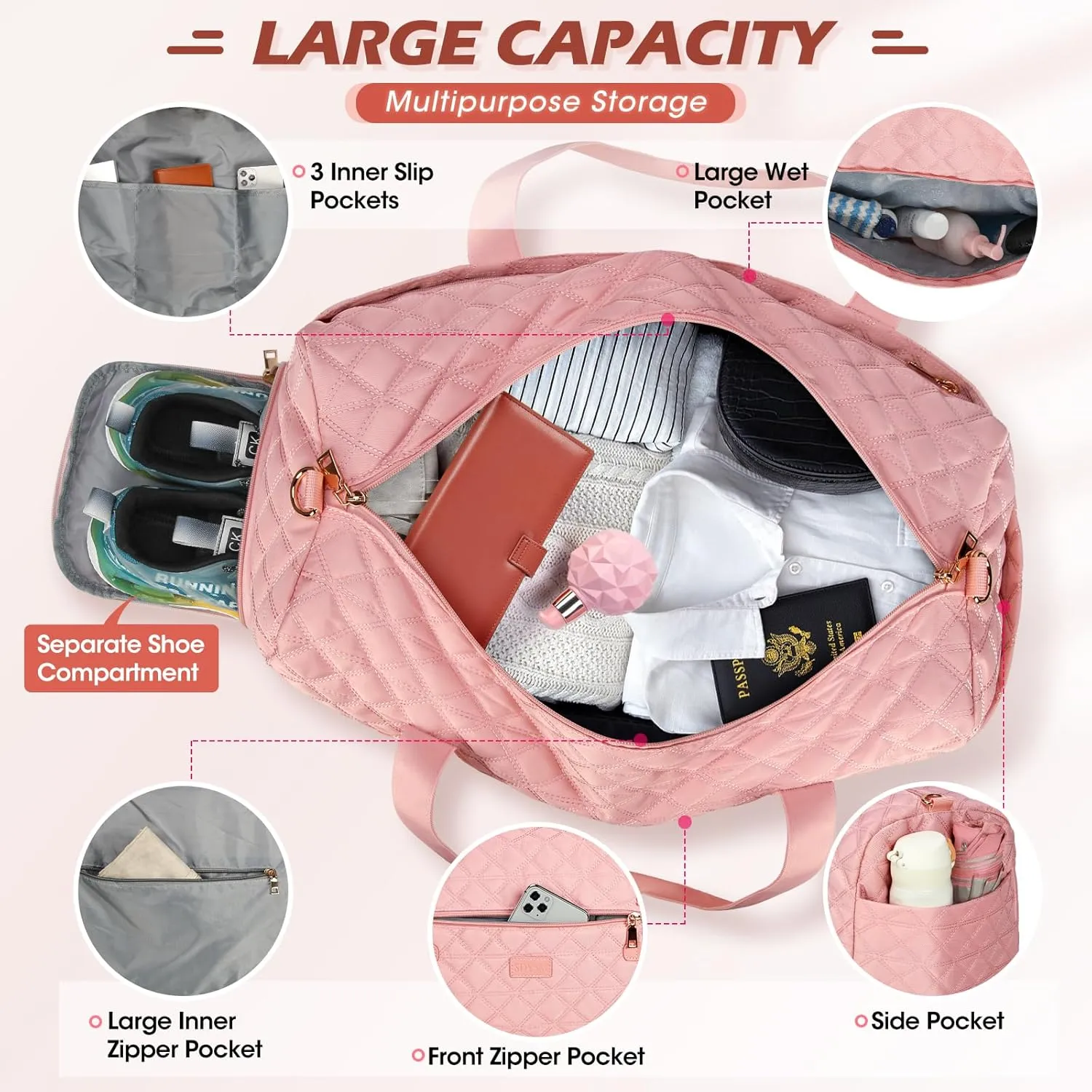 SDYSM Gym Bag for Women, Travel Duffle Bag with Shoe Compartment & Wet Pocket Waterproof Carry On Weekender for Sports, Yoga, Gym (Pink)