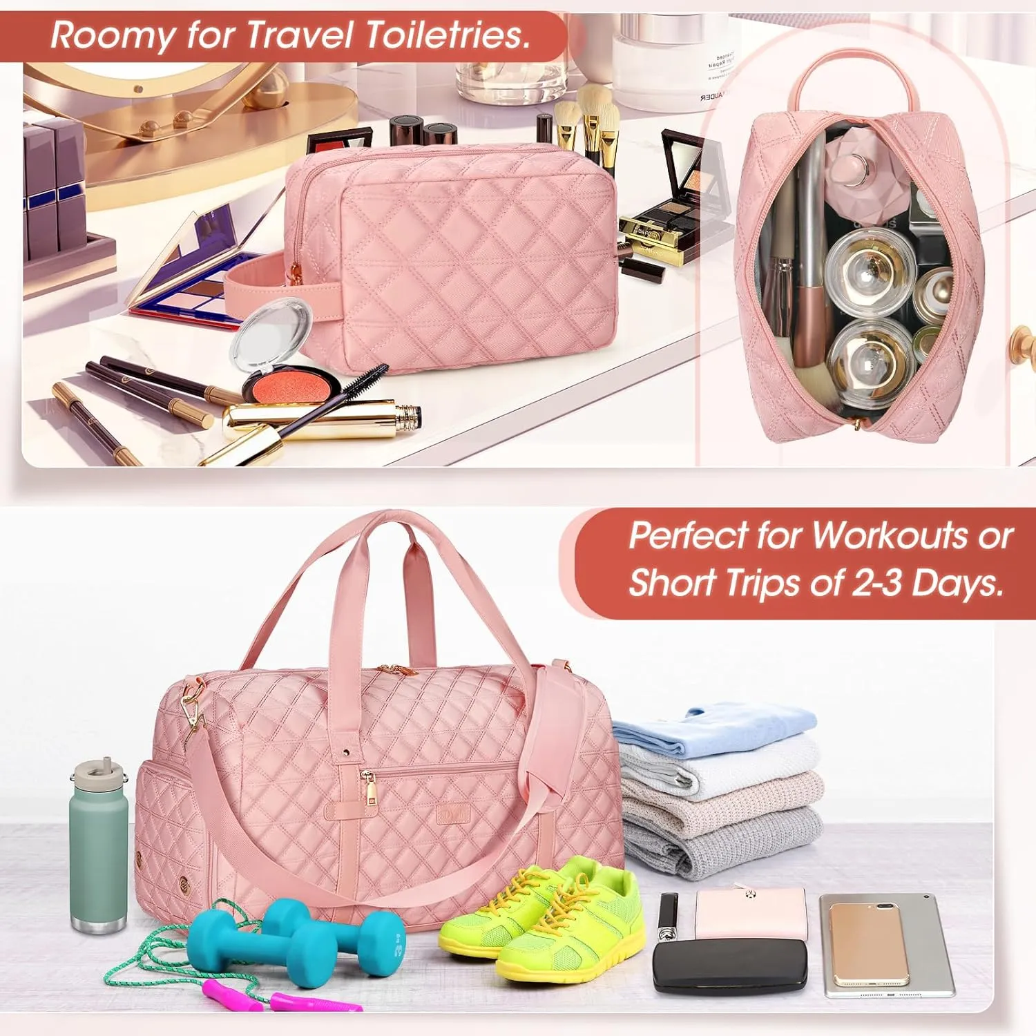 SDYSM Gym Bag for Women, Travel Duffle Bag with Shoe Compartment & Wet Pocket Waterproof Carry On Weekender for Sports, Yoga, Gym (Pink)