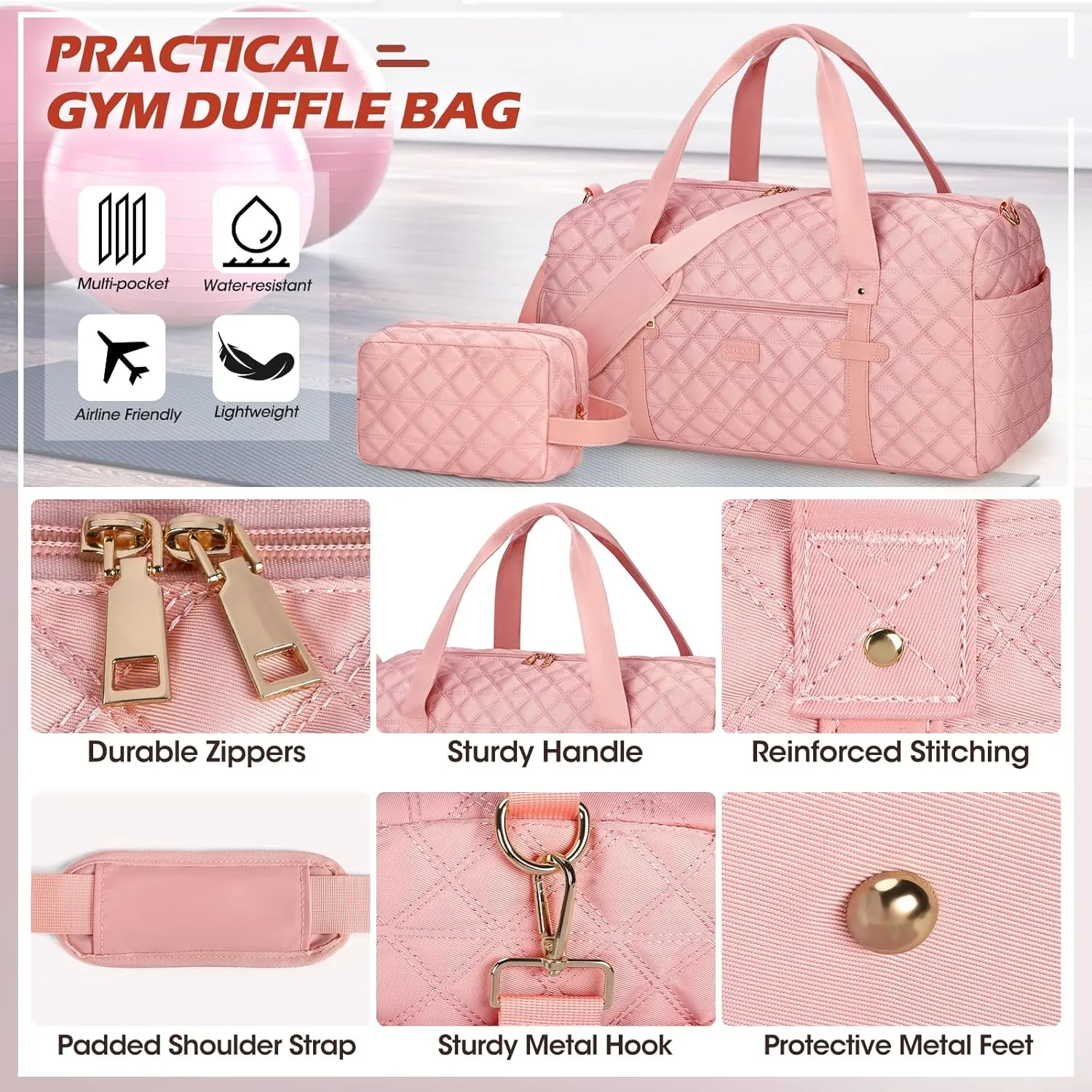 SDYSM Gym Bag for Women, Travel Duffle Bag with Shoe Compartment & Wet Pocket Waterproof Carry On Weekender for Sports, Yoga, Gym (Pink)