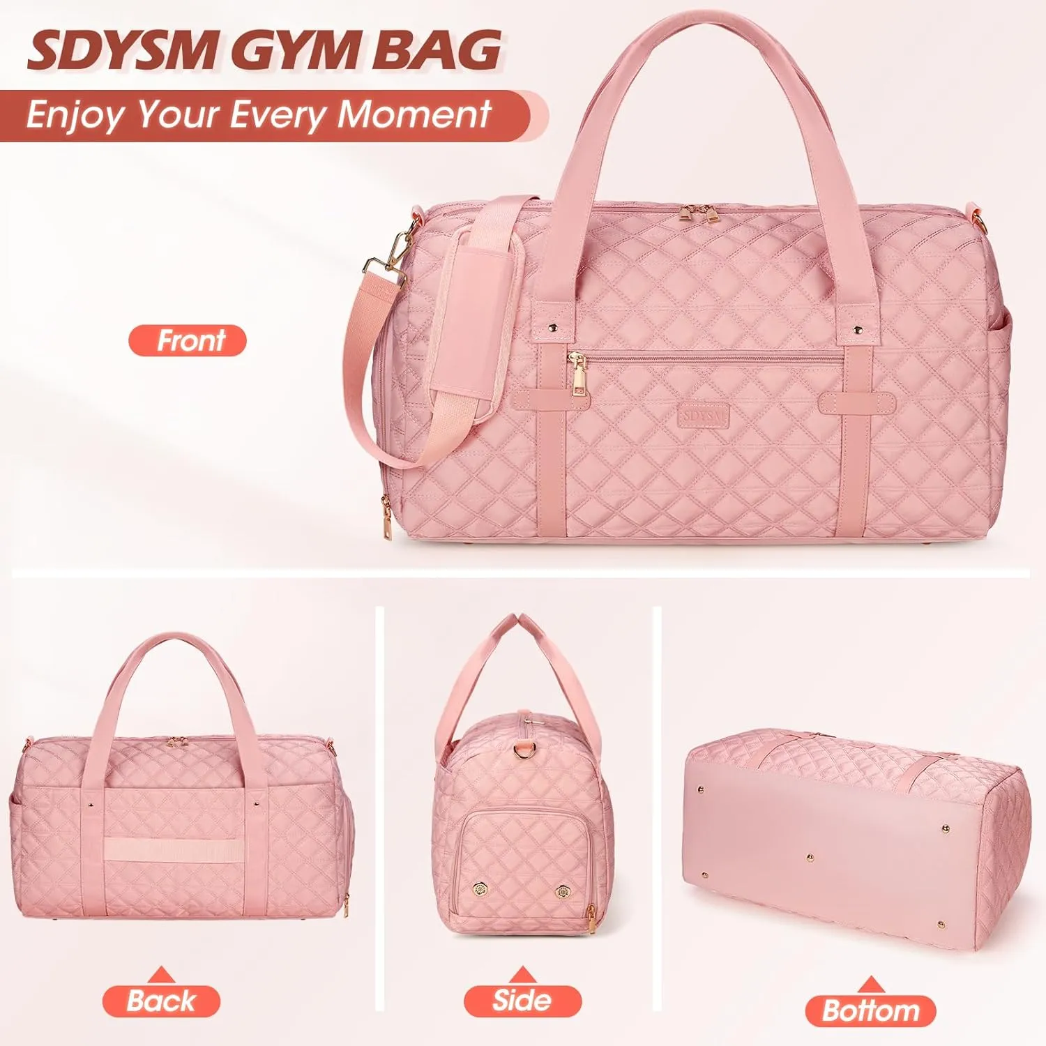 SDYSM Gym Bag for Women, Travel Duffle Bag with Shoe Compartment & Wet Pocket Waterproof Carry On Weekender for Sports, Yoga, Gym (Pink)