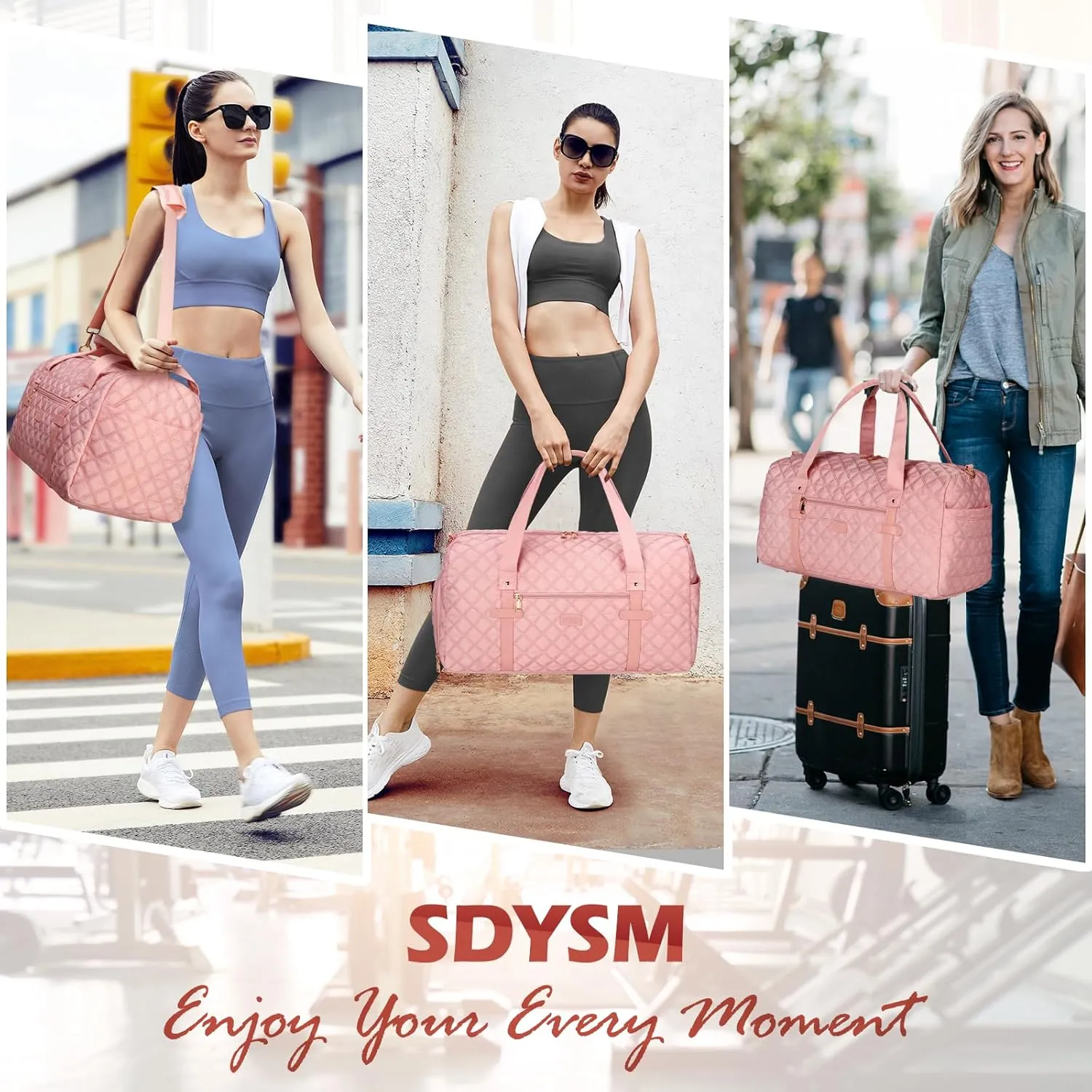 SDYSM Gym Bag for Women, Travel Duffle Bag with Shoe Compartment & Wet Pocket Waterproof Carry On Weekender for Sports, Yoga, Gym (Pink)