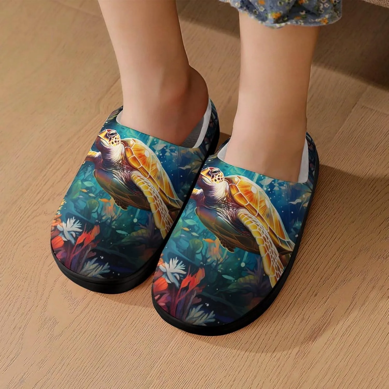 Sea Turtle Kids Slippers for Girls Boys Winter Warm Plush Slip On House Slippers for Indoor Outdoor