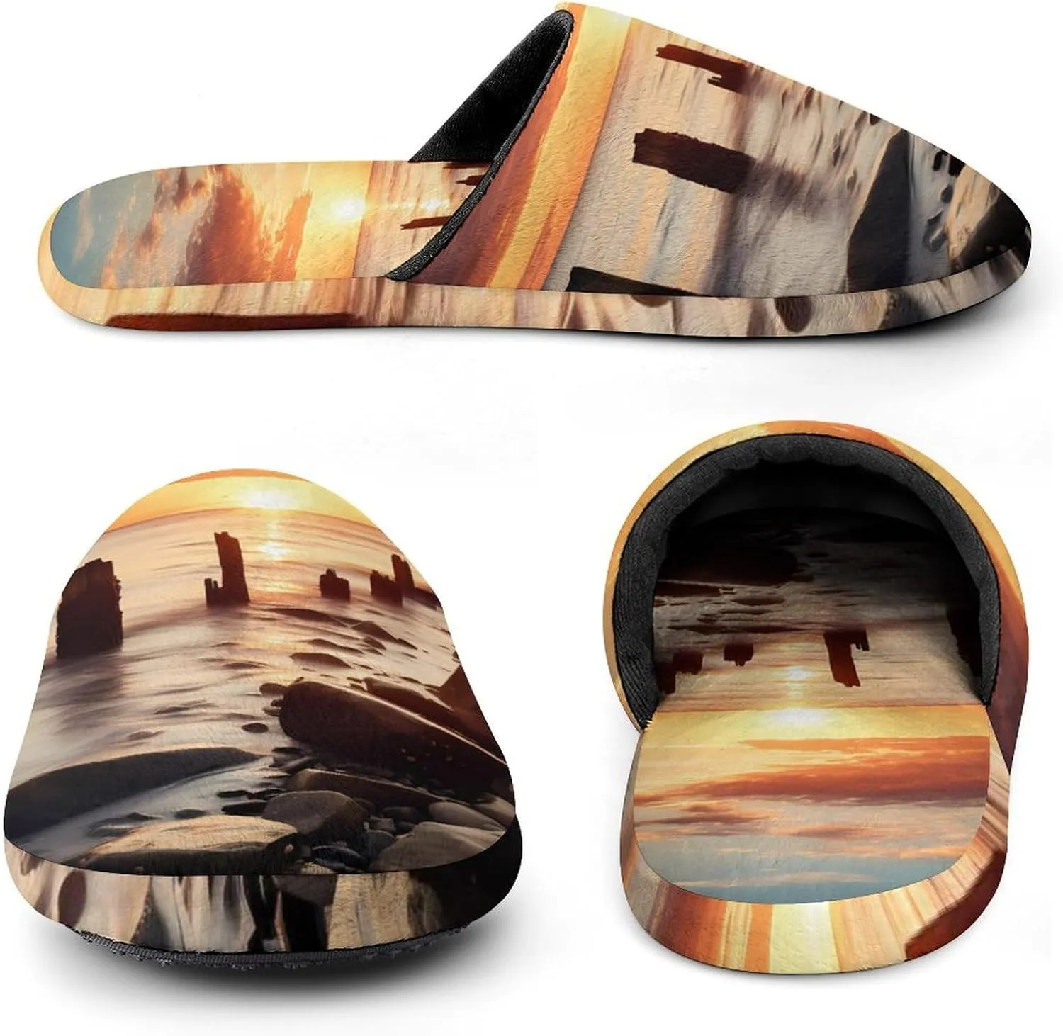 Seaside Skyline Sunset Scenery Men's Cotton Slippers Casual House Shoes Non-Slip Closed Toe House Shoes for Indoor Outdoor