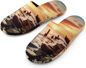 Seaside Skyline Sunset Scenery Men's Cotton Slippers Casual House Shoes Non-Slip Closed Toe House Shoes for Indoor Outdoor