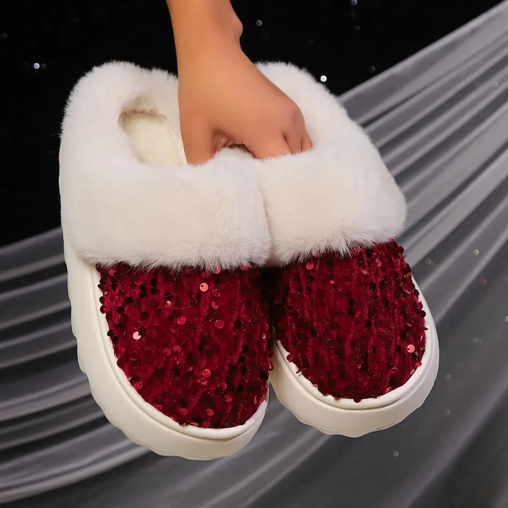 Sequins Slippers for Women Fuzzy Slipper Closed Toe Warm Shoes Faux Fur Comfy Winter House Shoes Indoor Outdoor