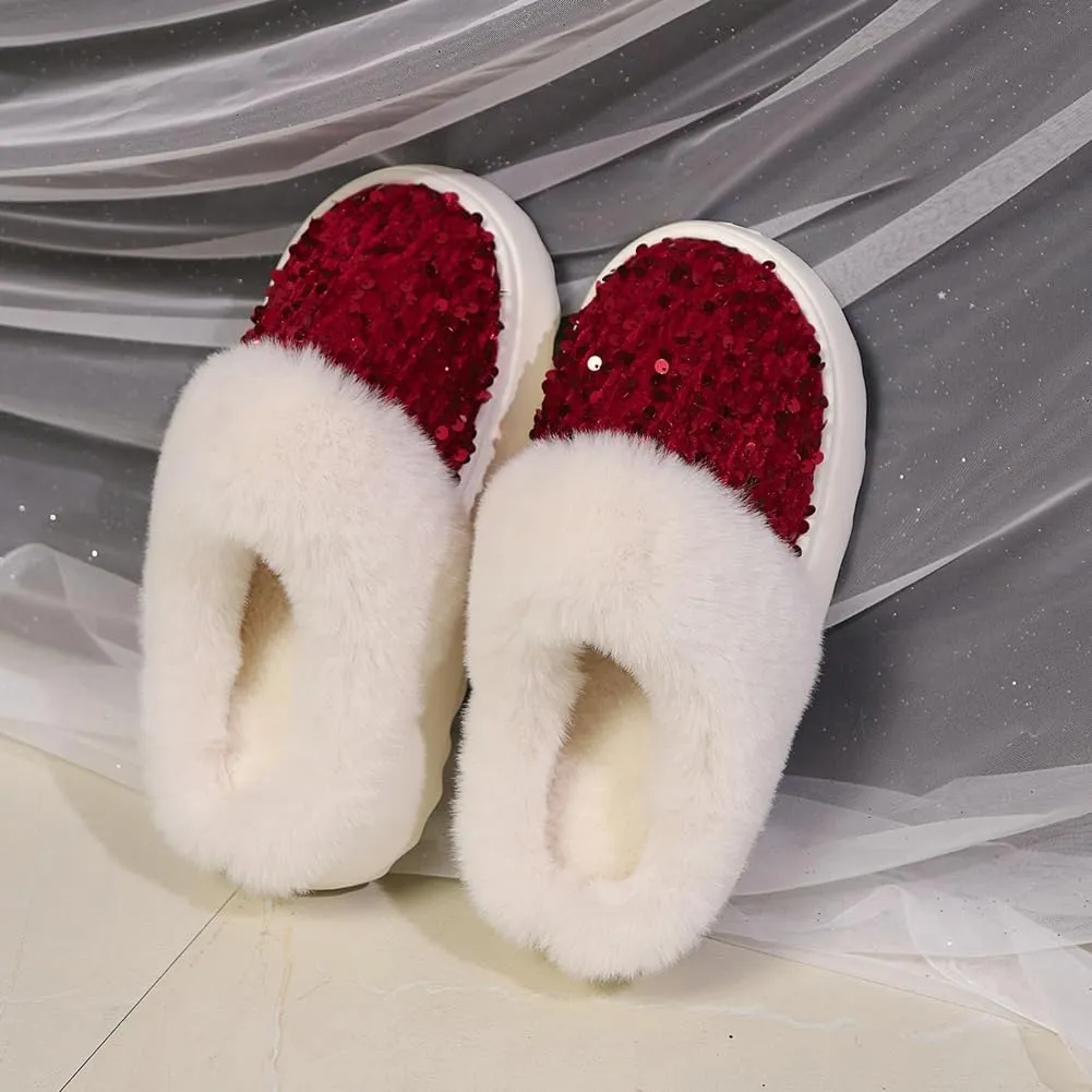 Sequins Slippers for Women Fuzzy Slipper Closed Toe Warm Shoes Faux Fur Comfy Winter House Shoes Indoor Outdoor