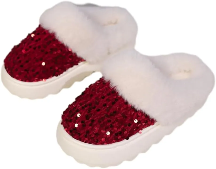 Sequins Slippers for Women Fuzzy Slipper Closed Toe Warm Shoes Faux Fur Comfy Winter House Shoes Indoor Outdoor