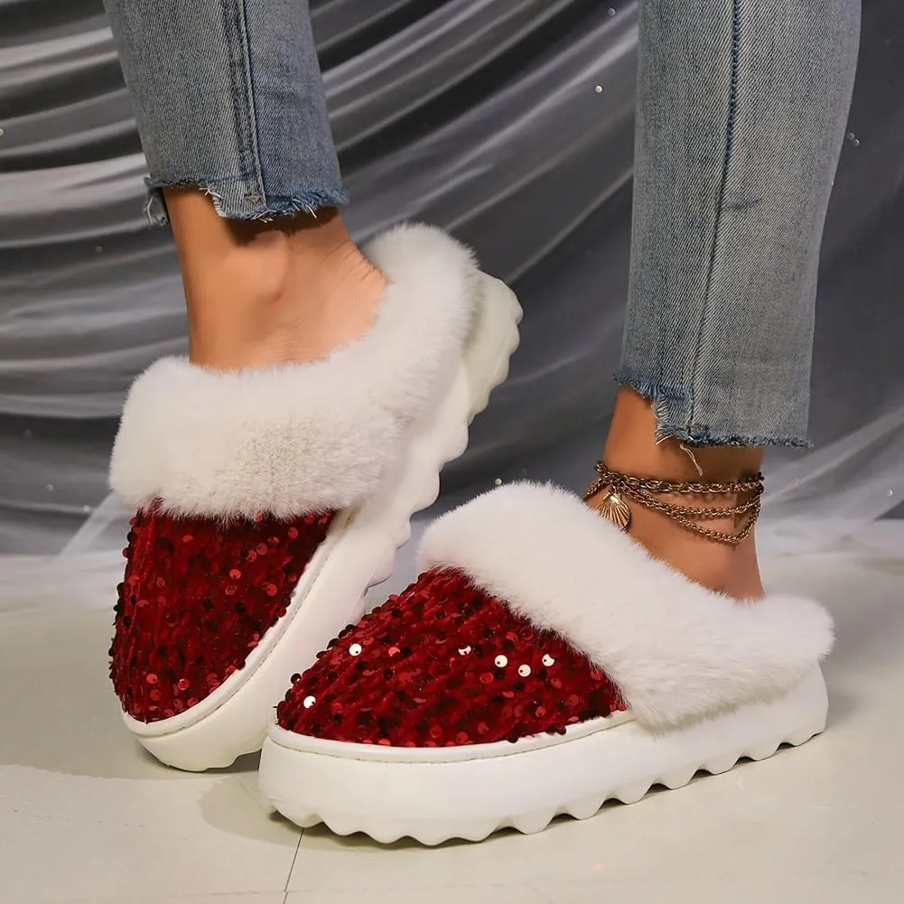 Sequins Slippers for Women Fuzzy Slipper Closed Toe Warm Shoes Faux Fur Comfy Winter House Shoes Indoor Outdoor
