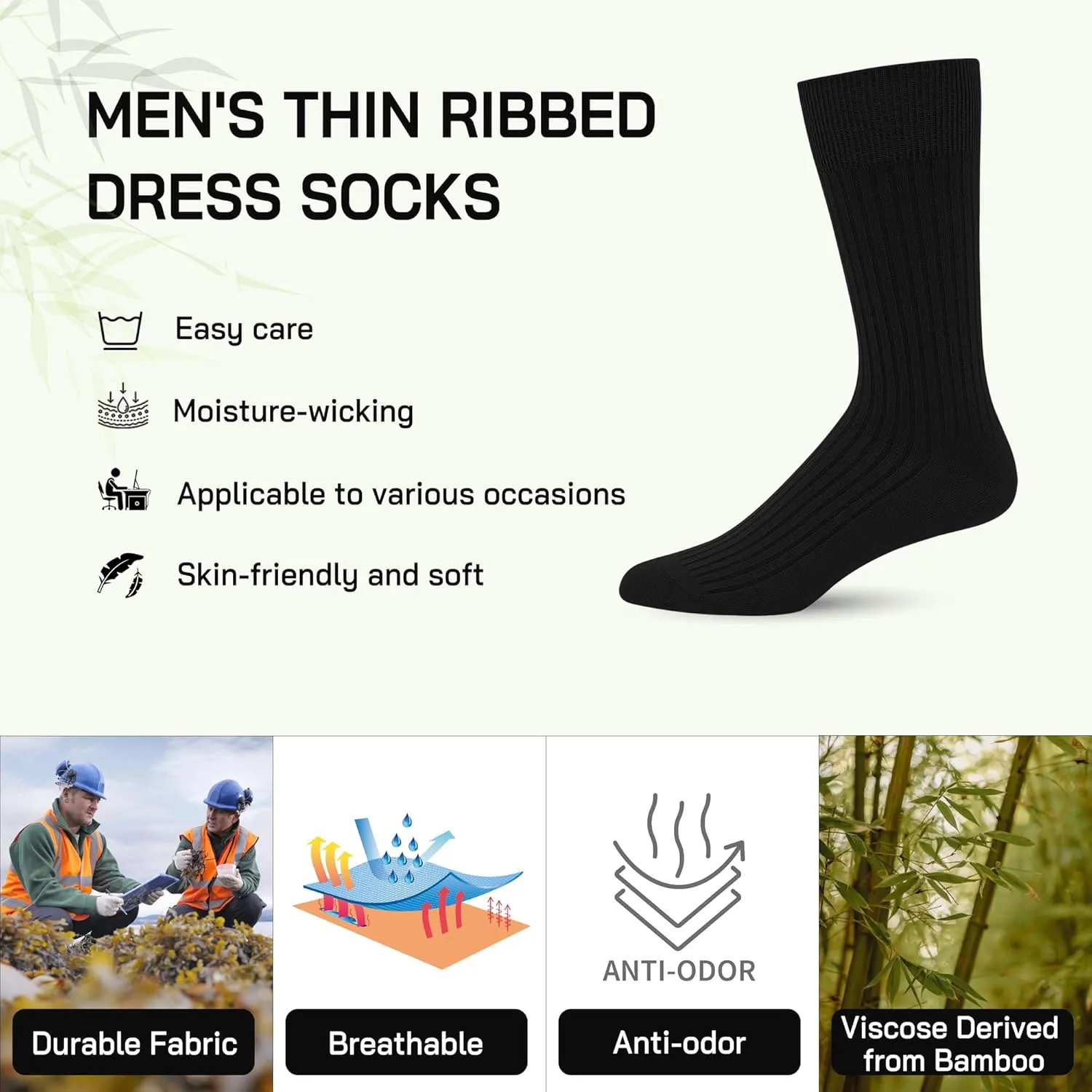 SERISIMPLE Men's Dress Socks - Bamboo Viscose Thin Ribbed Knit, Silky & Soft, Lightweight Business Crew Socks 5 Pairs