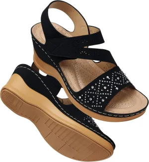SHIBEVER Wedge Sandals For Women Low: Dressy Summer Sandal - Comfortable Rhinestone Sandals