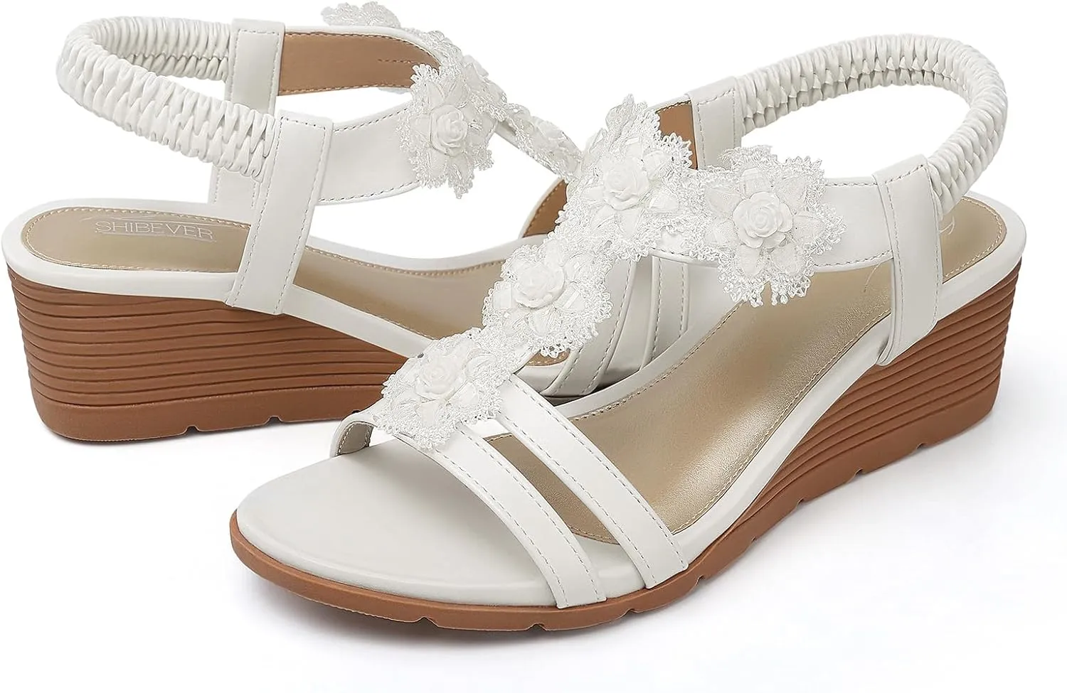 SHIBEVER Womens Sandals Wedge Flower: Open Toe Elastic Ankle Strap Wedge Sandal - Dressy Sandals Women - Comfortable Summer Bohemia