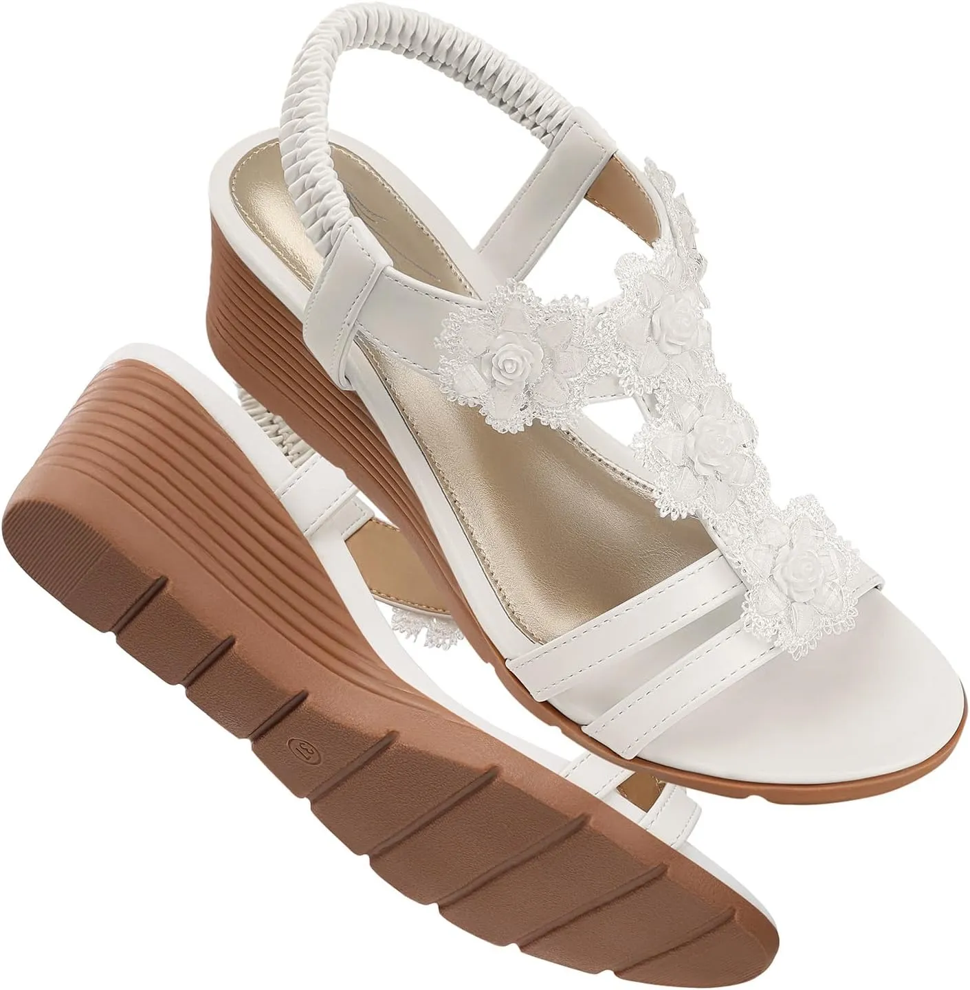 SHIBEVER Womens Sandals Wedge Flower: Open Toe Elastic Ankle Strap Wedge Sandal - Dressy Sandals Women - Comfortable Summer Bohemia