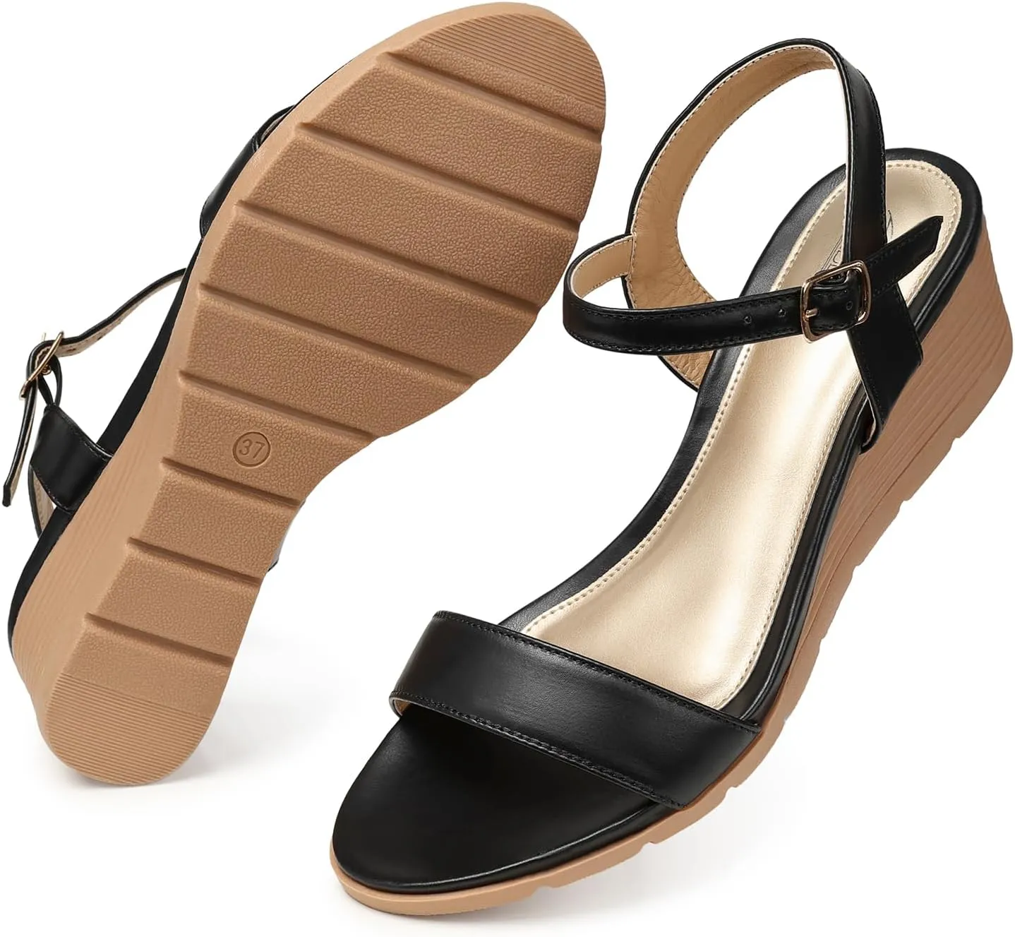 SHIBEVER Womens Sandals Wedge Low: Buckle Ankle Strap Wedge Sandal - Dressy Sandals Women - Comfortable Summer