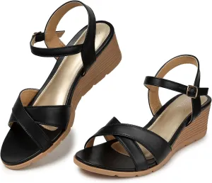 SHIBEVER Womens Sandals Wedge Low: Buckle Ankle Strap Wedge Sandal - Dressy Sandals Women - Comfortable Summer