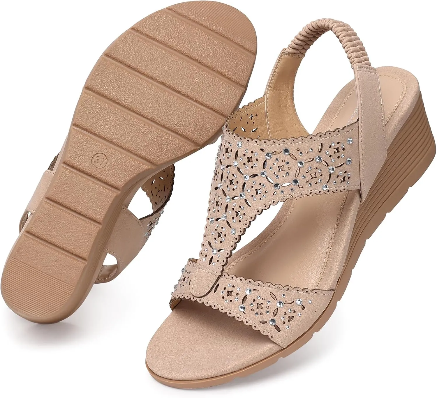 SHIBEVER Womens Sandals Wedge Low: Elastic Ankle Strap Wedge Sandals - Dressy Sandals Women - Comfortable Open Toe