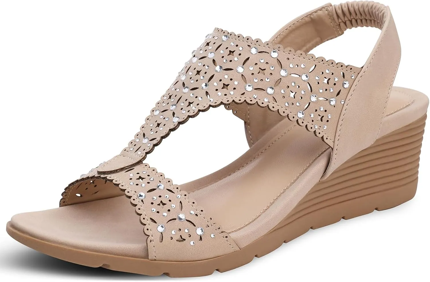 SHIBEVER Womens Sandals Wedge Low: Elastic Ankle Strap Wedge Sandals - Dressy Sandals Women - Comfortable Open Toe