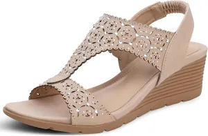 SHIBEVER Womens Sandals Wedge Low: Elastic Ankle Strap Wedge Sandals - Dressy Sandals Women - Comfortable Open Toe