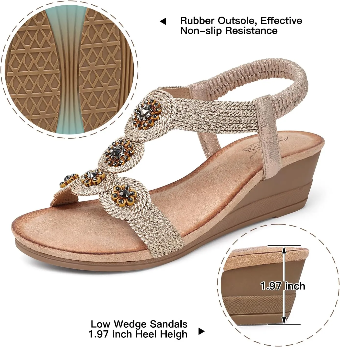 SHIBEVER Womens Sandals Wedge Low: Open Toe Elastic Ankle Strap Wedge Sandal - Dressy Sandals Women - Comfortable Summer