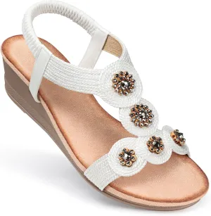 SHIBEVER Womens Sandals Wedge Low: Open Toe Elastic Ankle Strap Wedge Sandal - Dressy Sandals Women - Comfortable Summer