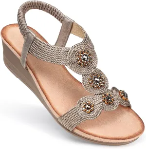SHIBEVER Womens Sandals Wedge Low: Open Toe Elastic Ankle Strap Wedge Sandal - Dressy Sandals Women - Comfortable Summer
