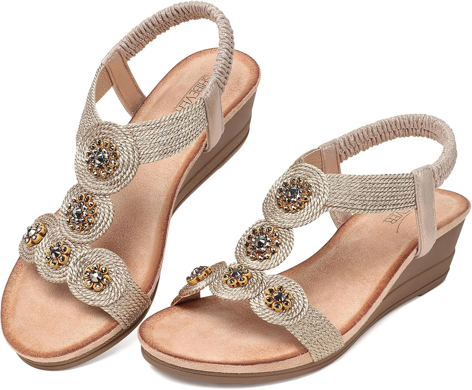 SHIBEVER Womens Sandals Wedge Low: Open Toe Elastic Ankle Strap Wedge Sandal - Dressy Sandals Women - Comfortable Summer
