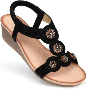 SHIBEVER Womens Sandals Wedge Low: Open Toe Elastic Ankle Strap Wedge Sandal - Dressy Sandals Women - Comfortable Summer