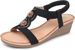 SHIBEVER Womens Sandals Wedge Low: Open Toe Elastic Ankle Strap Wedge Sandal - Dressy Sandals Women - Comfortable Summer