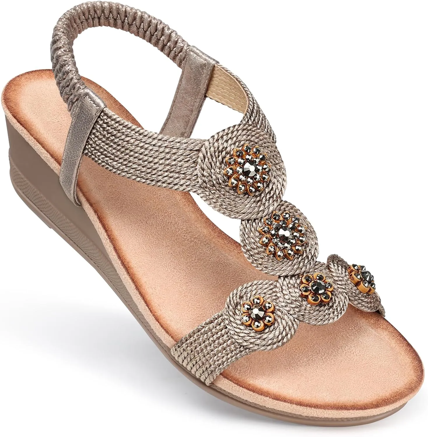 SHIBEVER Womens Sandals Wedge Low: Open Toe Elastic Ankle Strap Wedge Sandal - Dressy Sandals Women - Comfortable Summer