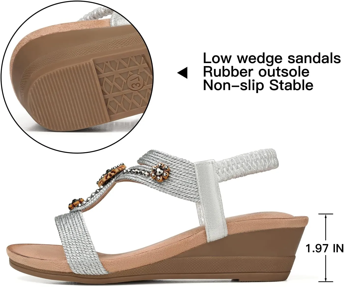 SHIBEVER Womens Wedge Sandals Flower Low Heel Dressy Sandals Elastic Ankle Strap Rhinestone Summer Comfortable Shoe