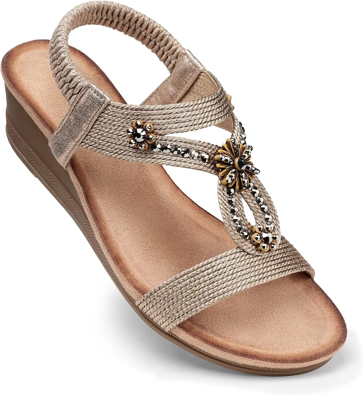 SHIBEVER Womens Wedge Sandals Flower Low Heel Dressy Sandals Elastic Ankle Strap Rhinestone Summer Comfortable Shoe