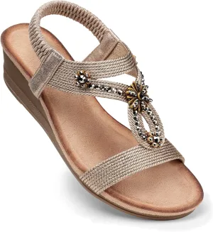 SHIBEVER Womens Wedge Sandals Flower Low Heel Dressy Sandals Elastic Ankle Strap Rhinestone Summer Comfortable Shoe