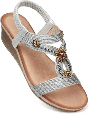 SHIBEVER Womens Wedge Sandals Flower Low Heel Dressy Sandals Elastic Ankle Strap Rhinestone Summer Comfortable Shoe