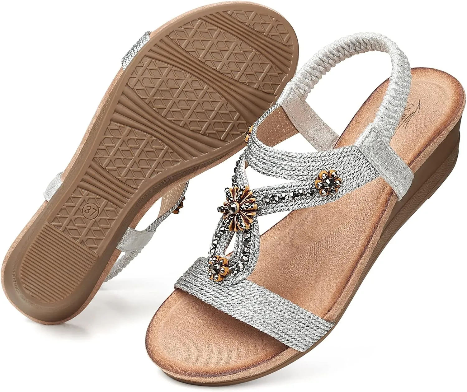 SHIBEVER Womens Wedge Sandals Flower Low Heel Dressy Sandals Elastic Ankle Strap Rhinestone Summer Comfortable Shoe
