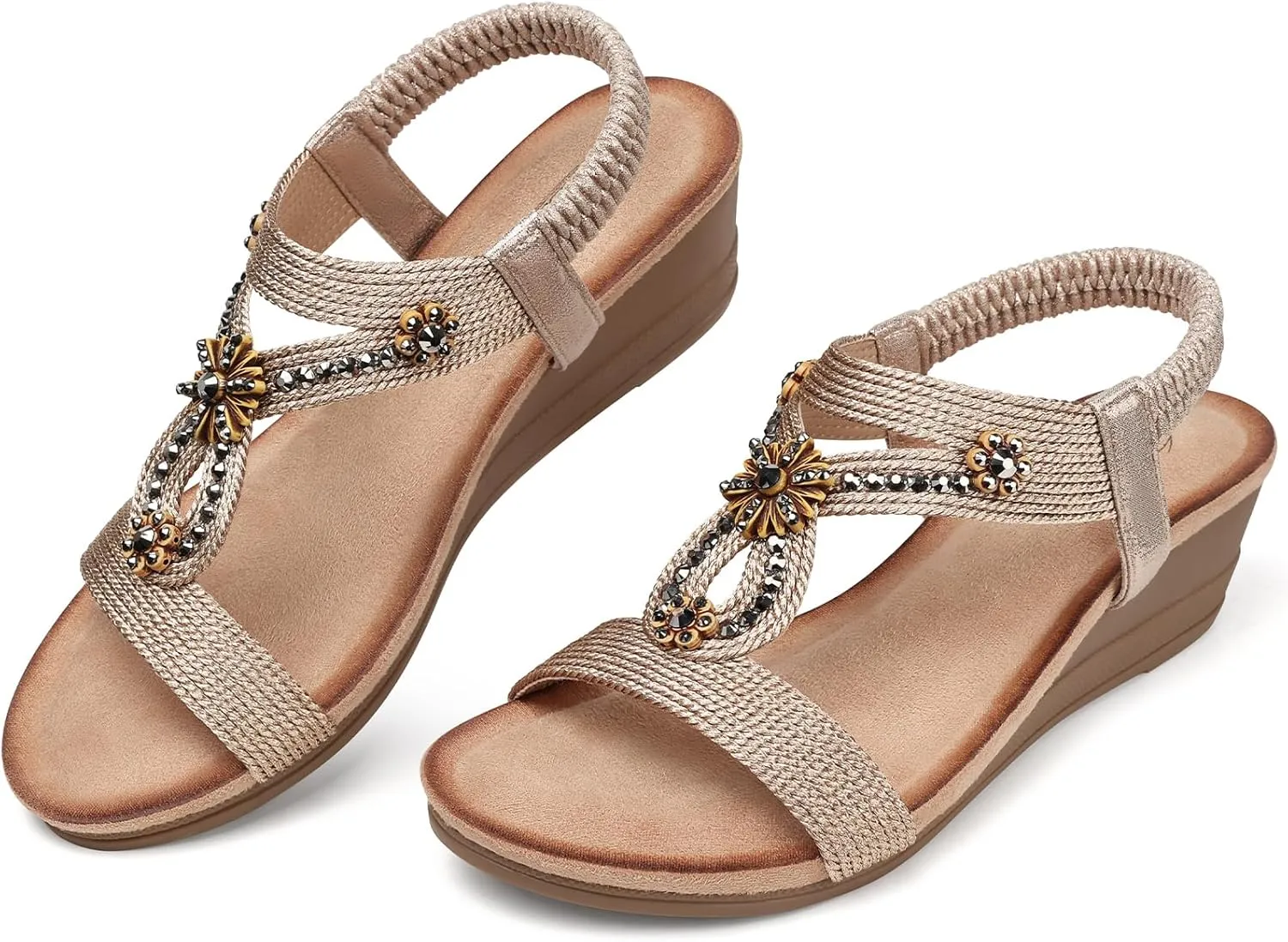 SHIBEVER Womens Wedge Sandals Flower Low Heel Dressy Sandals Elastic Ankle Strap Rhinestone Summer Comfortable Shoe