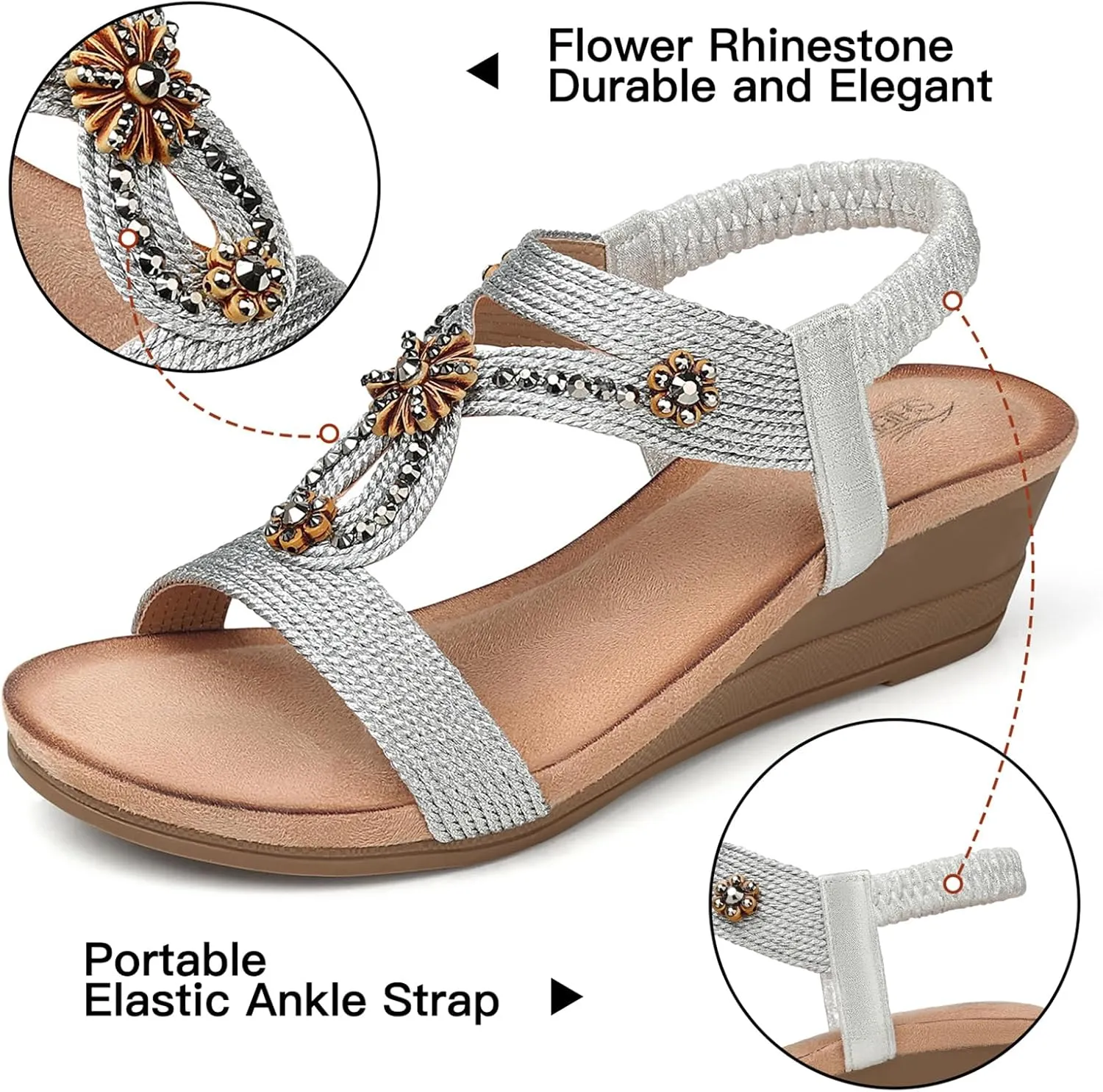 SHIBEVER Womens Wedge Sandals Flower Low Heel Dressy Sandals Elastic Ankle Strap Rhinestone Summer Comfortable Shoe