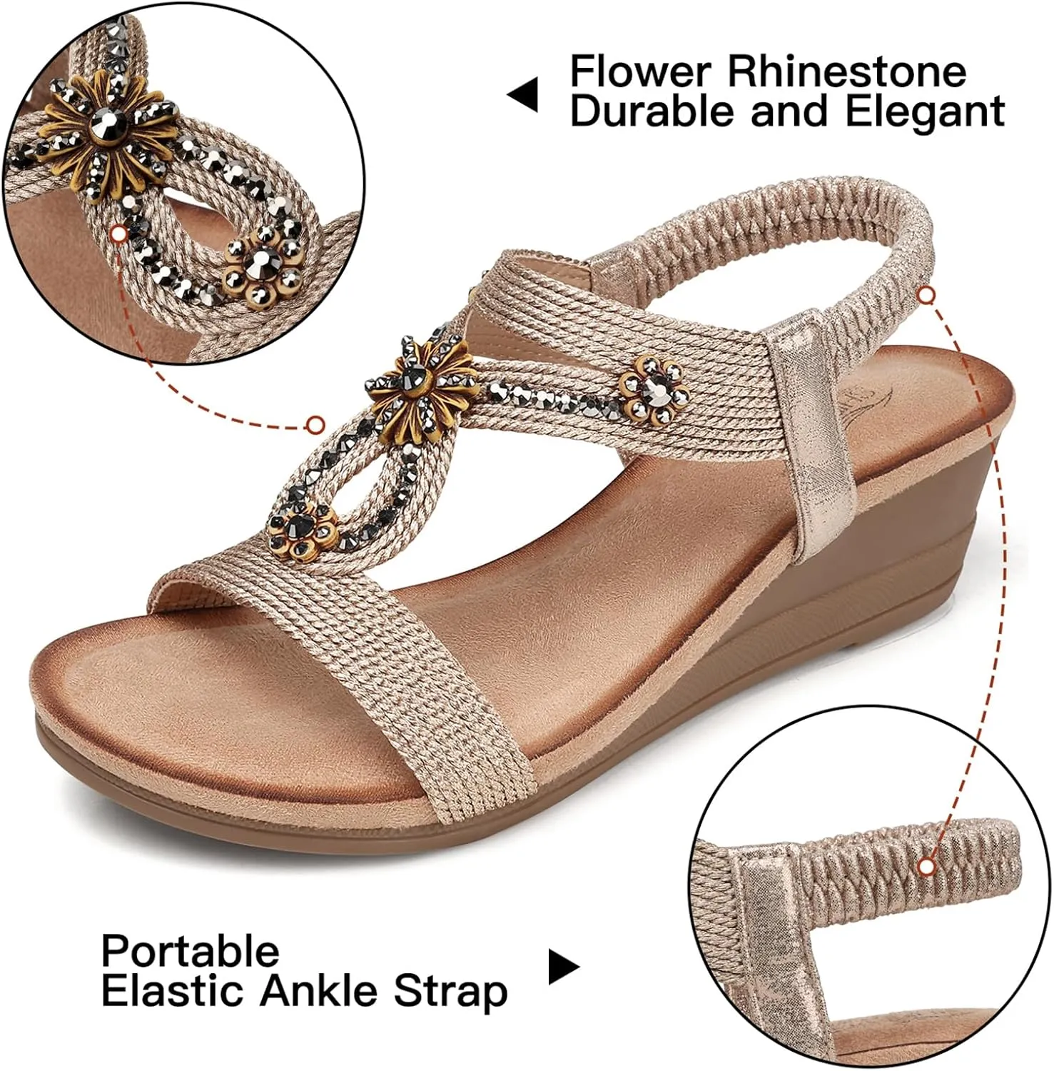 SHIBEVER Womens Wedge Sandals Flower Low Heel Dressy Sandals Elastic Ankle Strap Rhinestone Summer Comfortable Shoe