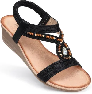 SHIBEVER Womens Wedge Sandals Low: Elastic Ankle Strap Wedge Sandals - Dressy Sandals Women - Comfortable Open Toe